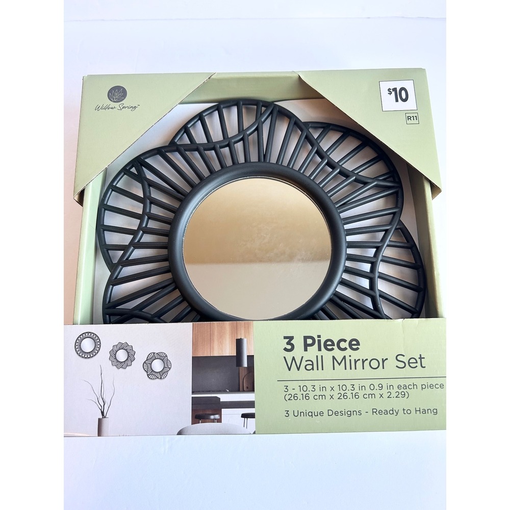 Willow Spring 3 Piece Wall Mirror Set Black Boho Geometric Floral Decor 10.3in